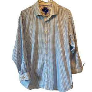 Egara Plaid Checker Shirt Contrasting Flip Cuffs Slim Cut Stretch Sz 17.5 32/33
